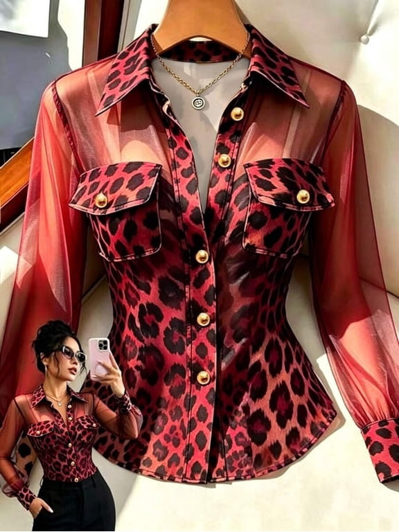 Women Leopard Print Mesh Patchwork Shirt Collar Button Down Long Sleeve Blouse with Chest Pockets
