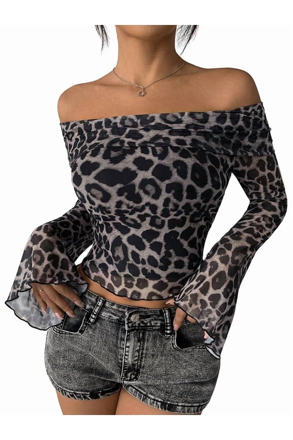 Women Leopard Print Off Shoulder Mesh Top Sheer See Through Slim Long Sleeve Flared Cuffs Y2K Crop Blouse Top Black L