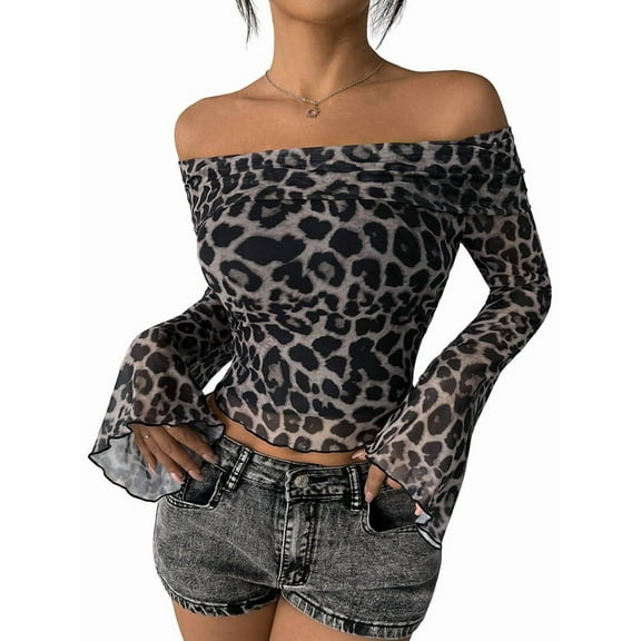 Women Leopard Print Off Shoulder Mesh Top Sheer See Through Slim Long Sleeve Flared Cuffs Y2K Crop Blouse Top