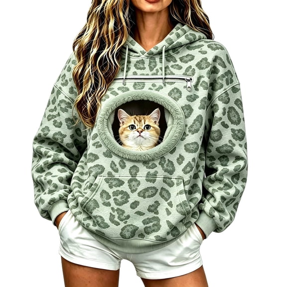 Women Leopard Print Pet Carrier Hoodie, Oversized Pullover Sweatshirt with Round Head-out Pocket for Small Cat Dog