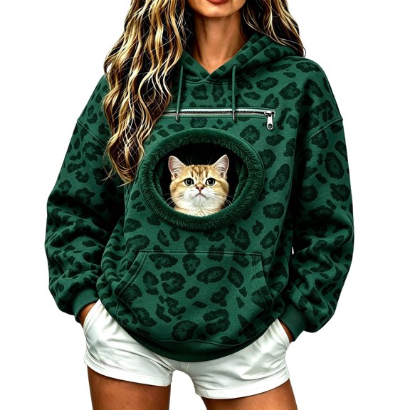 Women Leopard Print Pet Carrier Hoodie, Oversized Pullover Sweatshirt with Round Head-out Pocket for Small Cat Dog