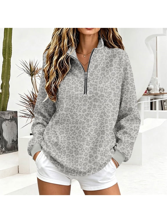 Women Leopard Print Quarter Zip Pullover Long Sleeve Loose Fit Casual Sweatshirt Tops