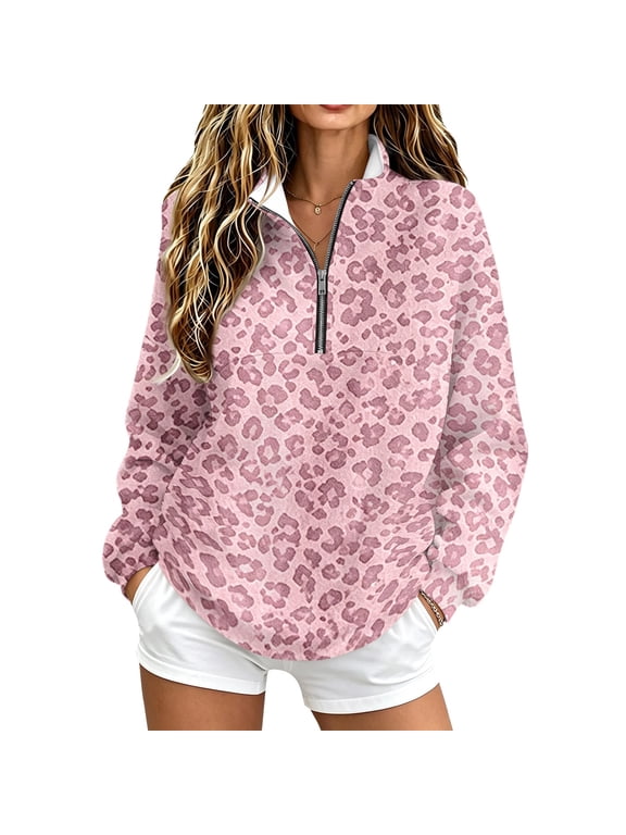 Women Leopard Print Quarter Zip Pullover Long Sleeve Stand Collar Casual Relaxed Fit Fall Sweatshirt
