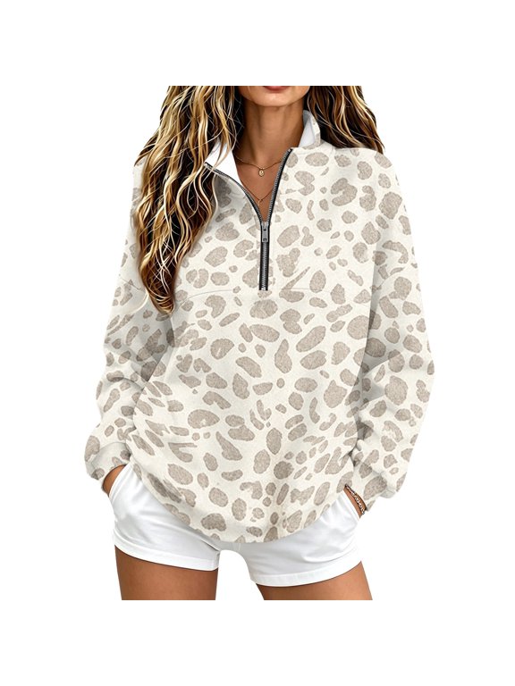 Women Leopard Print Quarter Zip Pullover Long Sleeve Stand Collar Casual Relaxed Fit Fall Sweatshirt