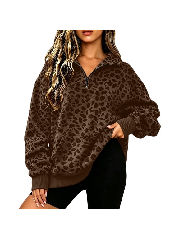 Women Leopard Print Quarter Zip Sweatshirt Long Sleeve Casual Pullover Stand Collar Relaxed Fit Top