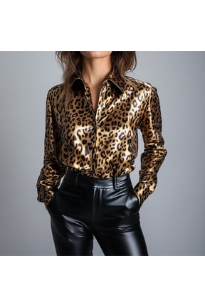 Women Leopard Print Satin Button Down Blouse with Classic Pointed Collar and Long Sleeves