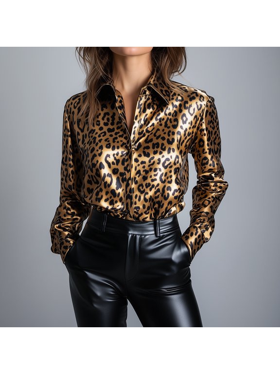 Women Leopard Print Satin Button Down Blouse with Classic Pointed Collar and Long Sleeves