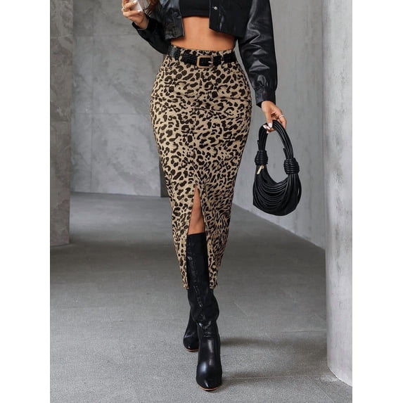 Women Leopard Print Slit Pencil Skirt Coffee Brown Casual Vacation