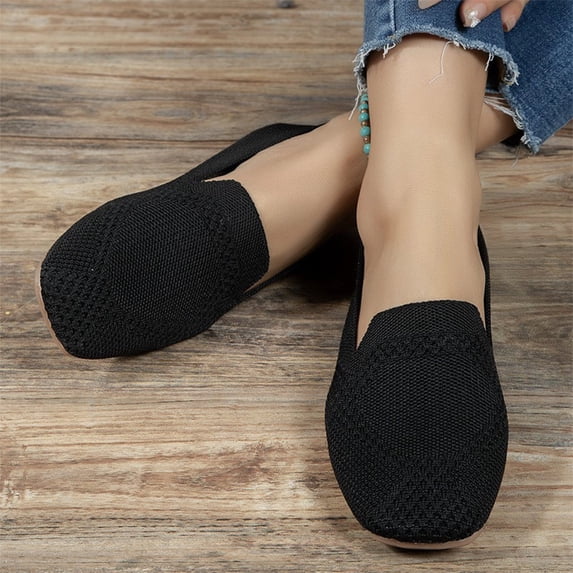 Women Leopard Print Square Toe Knitted Loafers Breathable Slip On Walking Shoes Lightweight Soft Sole Casual Footwear for Daily Wear