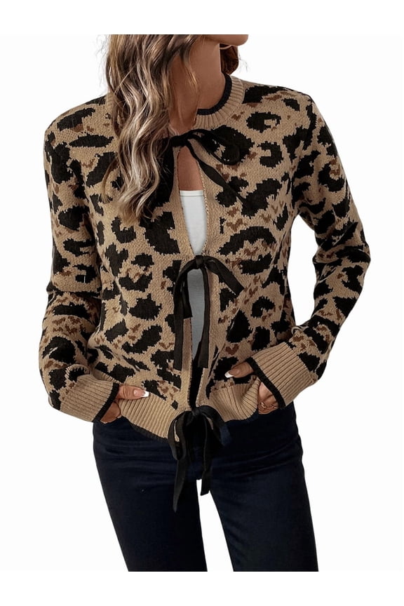 Women Leopard Print Tie Front Sweaters Long Sleeve Crewneck Open Front Knit Cardigan Casual Loose Outwear Brown L