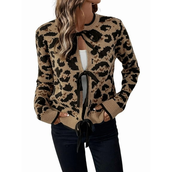 Women Leopard Print Tie Front Sweaters Long Sleeve Crewneck Open Front Knit Cardigan Casual Loose Outwear Brown M