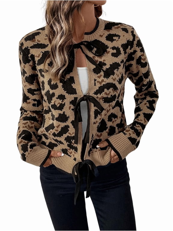 Women Leopard Print Tie Front Sweaters Long Sleeve Crewneck Open Front Knit Cardigan Casual Loose Outwear Brown M