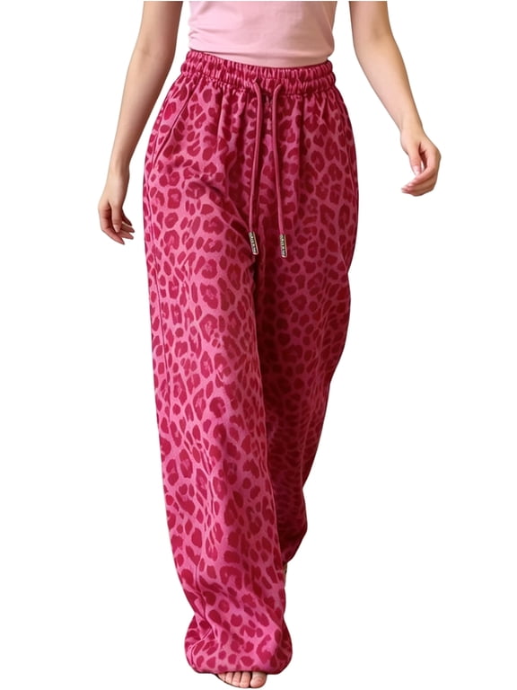 Women Leopard Print Wide Leg Lounge Pants Drawstring Sweatpants Trousers Rose Red L