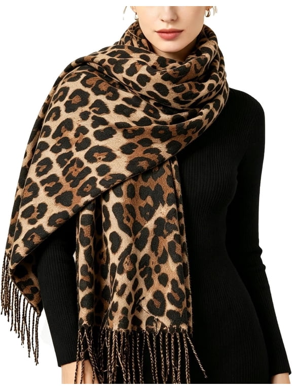 Women Leopard-Print-Winter-Scarf Soft Warm Double-sided Tassels Shawl Wraps