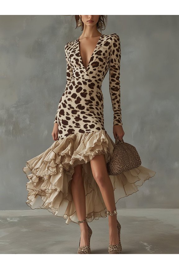Women Leopard Print Wrap V Neck Bodycon Midi Dress Long Sleeve Irregular High Low Ruffle Hem Cocktail Dress