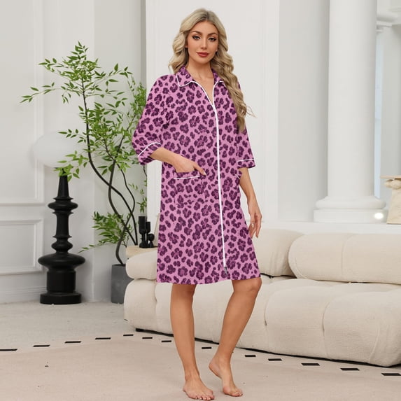 Women Leopard Print Zip Front Bathrobe Collared 3/4 Sleeve Midi Robe with Pockets Casual Sleep Loungewear