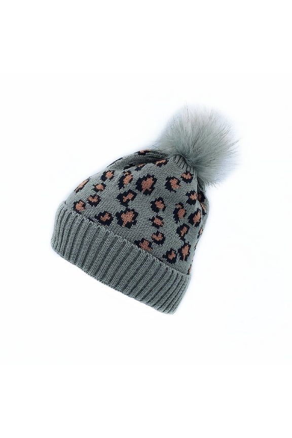 Women Leopard Printed Knitted Plush Bubble Beanie Hat Baggy Slouchy Ski Cap