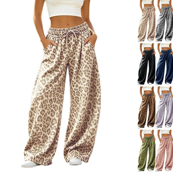 Women Leopard Sweatpants Baggy Wide Leg Pants Fall Y2K Lounge Sweat Pants with Pockets,Straight Leg, Pull on, Gym,Beige,S