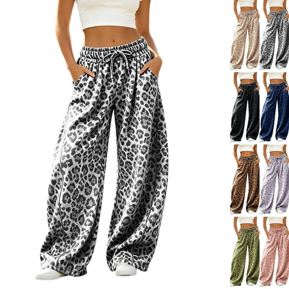 Women Leopard Sweatpants Baggy Wide Leg Pants Fall Y2K Lounge Sweat Pants with Pockets,Straight Leg, Pull on, Gym,Gray,XL