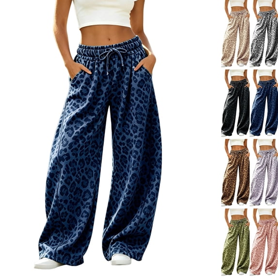 Women Leopard Sweatpants Baggy Wide Leg Pants Fall Y2K Lounge Sweat Pants with Pockets,Straight Leg, Pull on, Gym,Navy,XL