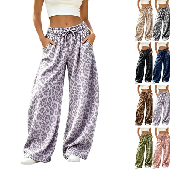 Women Leopard Sweatpants Baggy Wide Leg Pants Fall Y2K Lounge Sweat Pants with Pockets,Straight Leg, Pull on, Gym,Purple,2XL