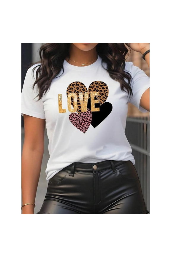 Women Leopard Tee White S-5XL Fashion Casual Heart Letter Print Short Sleeve Cotton T-Shirt Top Summer