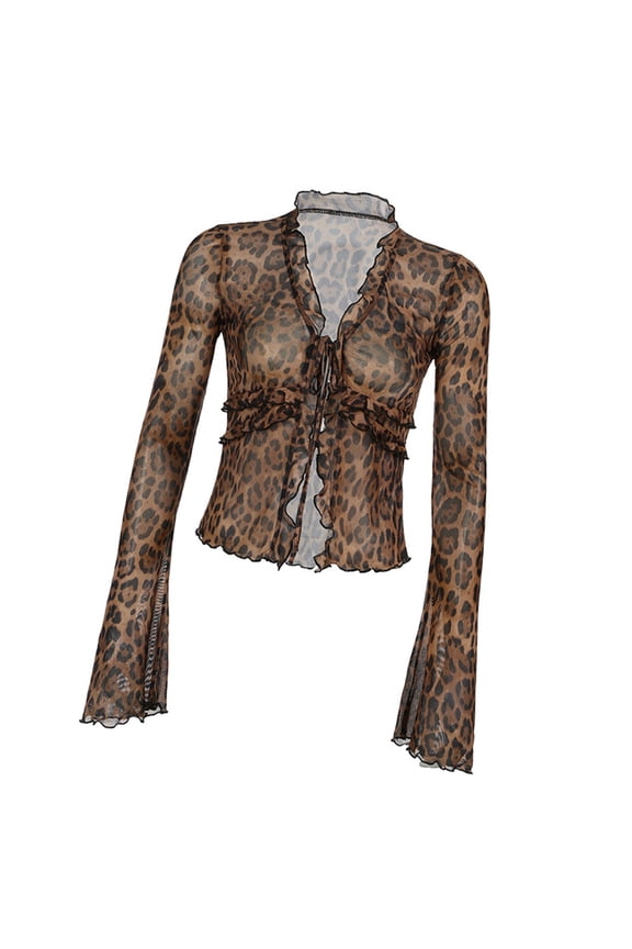 Women Leopards Print Mesh Crop Top Tie Front Blouse Shirts Fashion Long Sleeve Sheer Cardigan Top Raves Outfits