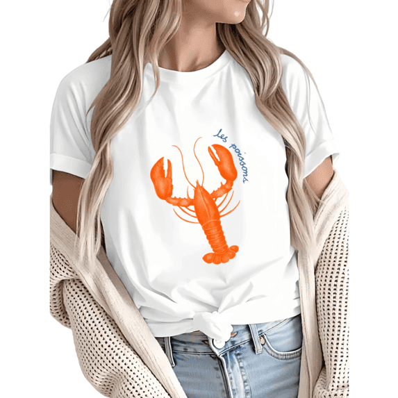 Women Les Poissons Lobster Orange Blue Front Print Graphic Comfortable Tees T Shirt Tops Round-neck Printed Cotton T-Shirt White S-5XL