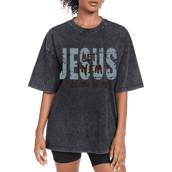 Women Let Them See Jesus Black Graphic Tee T Shirt Inspirational Christian Apparel Light Fabric Daily Wear Top Short Sleeve Round Neck Black S-2XL Plus Size