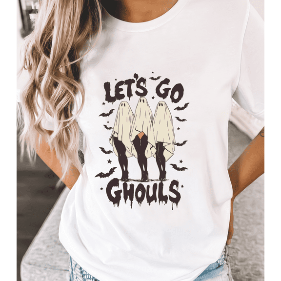 Women Let's Go Ghouls T-Shirt Halloween Squad Graphic Tee Glow-In-The-Dark Top Spooky Party Crew Neck White S-5XL