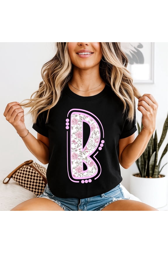 Women Letter B Floral Monogram Initial T-Shirt