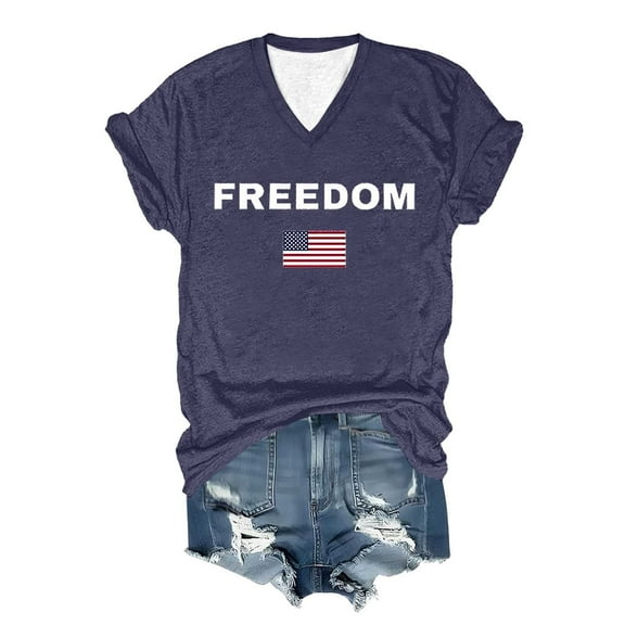 Women Letter Graphic T Shirts Freedom Short Sleeve Tee Tops Navy S