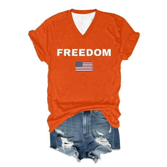 Women Letter Graphic T Shirts Freedom Short Sleeve Tee Tops Orange L