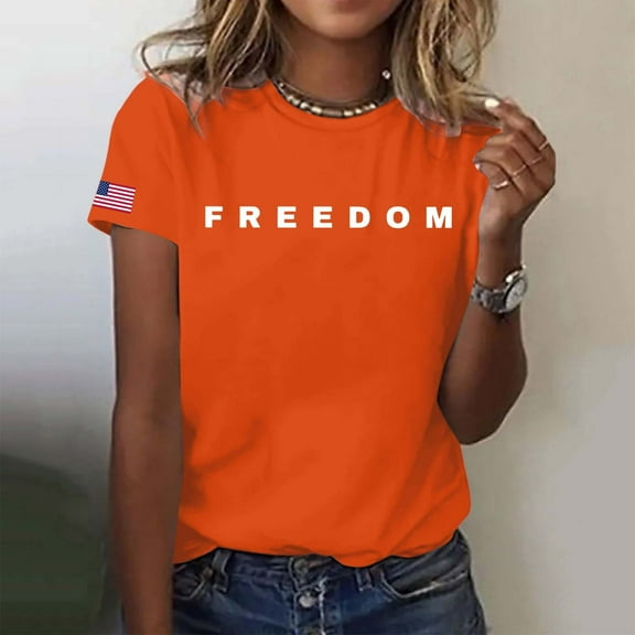 Women Letter Graphic T Shirts Freedom Short Sleeve Tee Tops Orange S