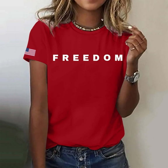Women Letter Graphic T Shirts Freedom Short Sleeve Tee Tops Red XL