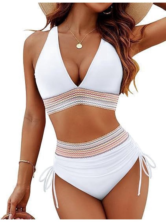 Women Light Blue Halter V Neck Bikini Set Colorful Wave Stripe Trim Padded Two Piece Swimsuit High Waist Side Drawstring Ruched Bathing Suit Summer Beach Pool Vacation Swimwear