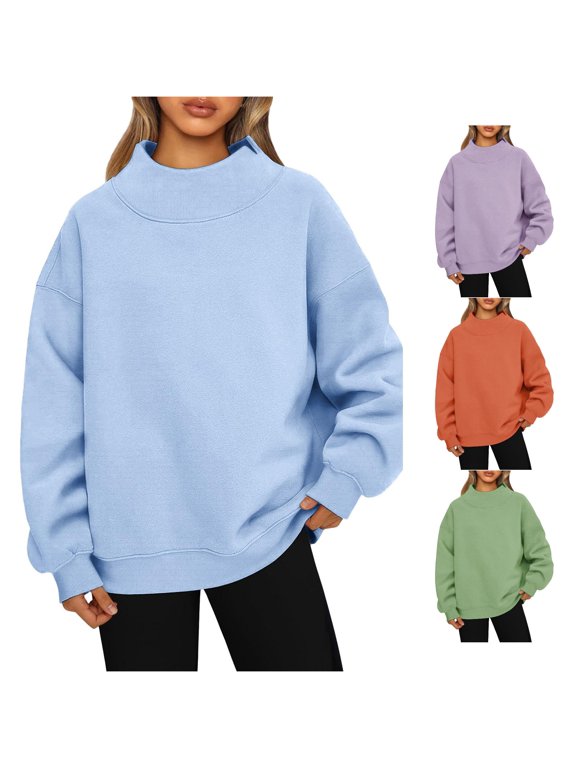 Women Light Blue Neck Long Sleeve Top with Relaxed Fit Casual Minimalist Basic Pullover Sweatshirt Blouse