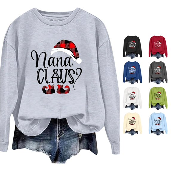Women Light Blue Nana Claus Christmas Graphic Crewneck Sweatshirt with Santa Hat Festive Holiday Pullover