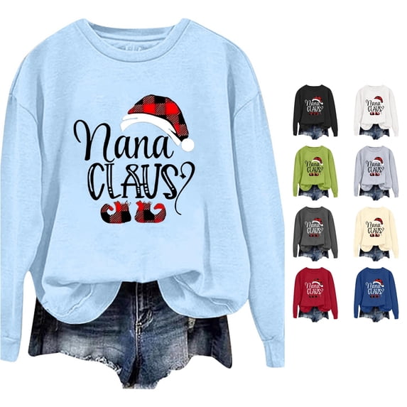 Women Light Blue Nana Claus Christmas Graphic Crewneck Sweatshirt with Santa Hat Festive Holiday Pullover