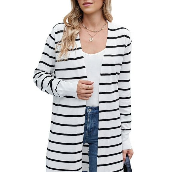 Women Light Cardigan Sweaters Cardigan Loose Casual Long Sleeve Open Front Breathable Black & White XL