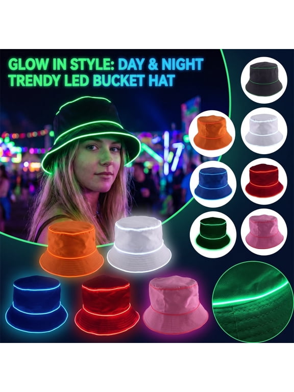 Women Light Up Hat LED Bucket Hat Glow Rave Neon Festival Cap
