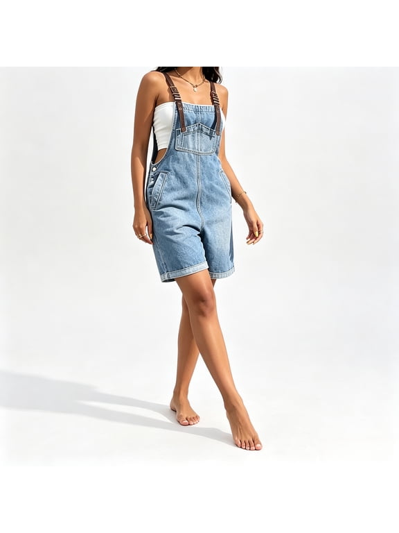 Women Light Wash Blue Denim Overalls Shorts, Brown Leather Strap Dungaree Shorts with Metal Buckle, Medium Stretch Casual Bib Shorts
