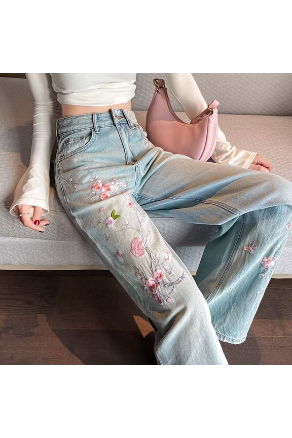 Women Light Wash Cotton Jeans, Floral Embroidered High Waist Straight Wide Leg Pants for Summer