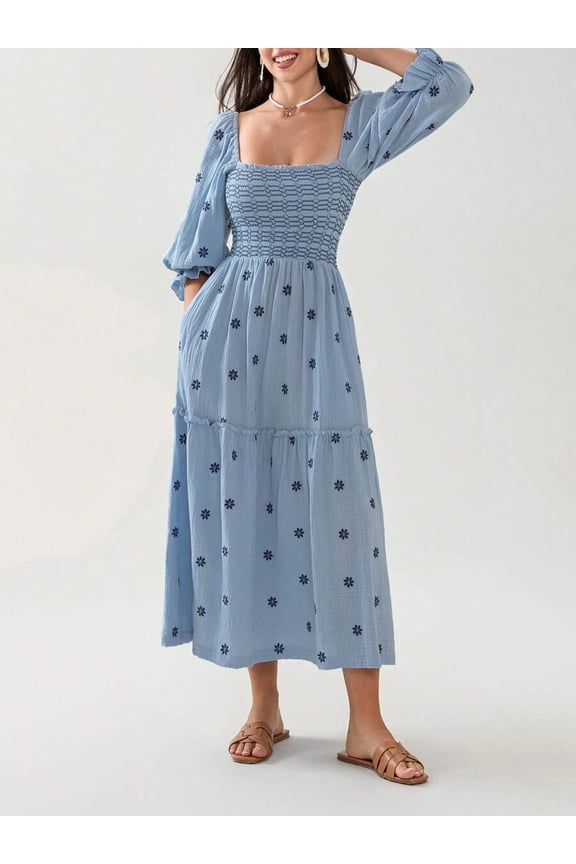 Women Light Wash Floral Embroidered Square Neck Puff Sleeve A-Line Midi