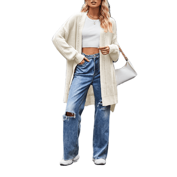 Women Lightweight Cardigan Sweater Mid Length Solid Color Long Sleeve Open Front Fall Winter Knit Coat Outwear