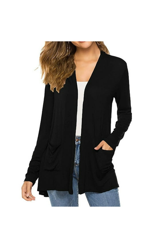 Women Lightweight Cardigan Sweaters with Pocket Long Sleeve Shrugs Casual Solid Color Open Front Cardigan