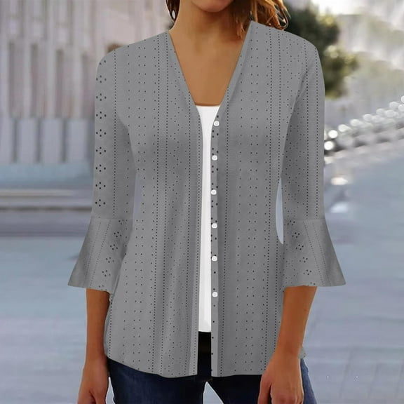 Women Lightweight Cardigans 3/4 Sleeve Button Down Tops Loose Fit Cover Up Comfy Solid Color Open Front Fall Oversized Trendy Casual Cozy Cute Blouses