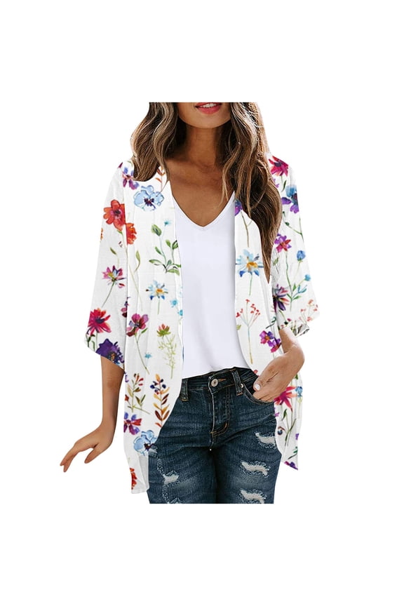 Women Lightweight Cardigans Plus Size Long Sleeve Boho Floral Print Open Front Cover Up Irregular Hem Draped Dusters