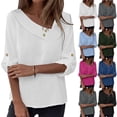 thumbnail image 1 of Women Lightweight Cotton Linen Blouse Irregular Asymmetric V Neck Roll Tab Sleeve Gold Buttons Loose Breathable Daily Vacation Work Shirts, 1 of 10