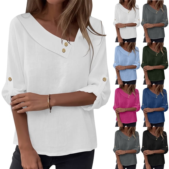 Women Lightweight Cotton Linen Blouse Irregular Asymmetric V Neck Roll Tab Sleeve Gold Buttons Loose Breathable Daily Vacation Work Shirts